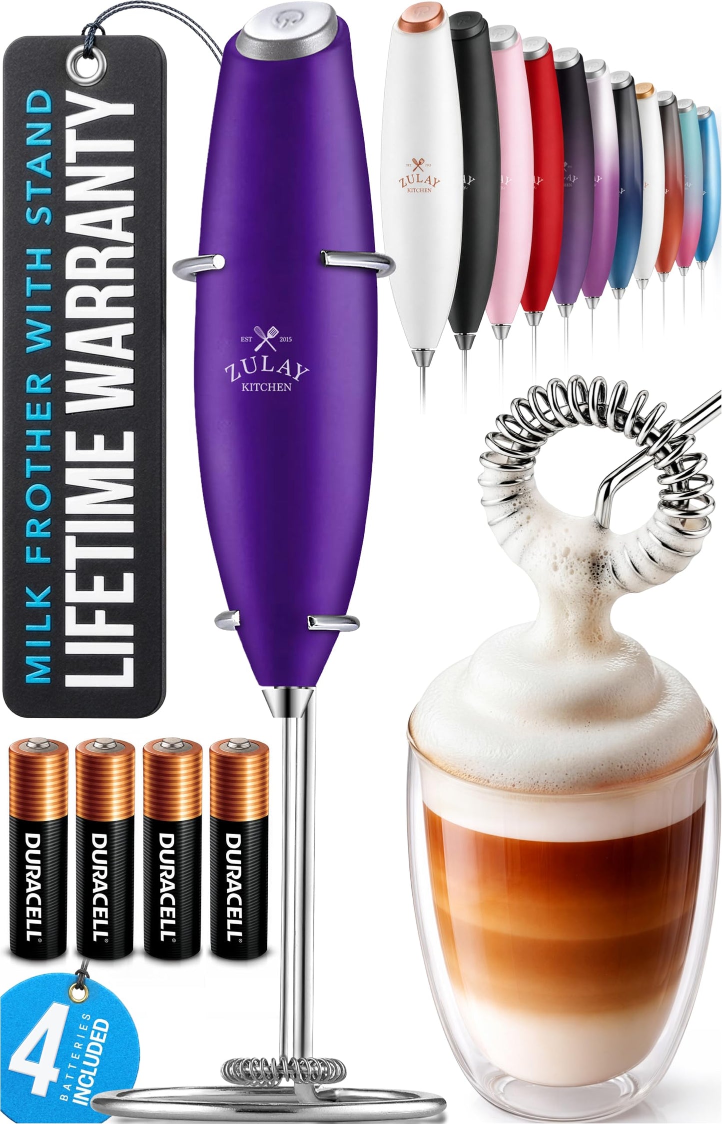 Zulay Kitchen Powerful Milk Frother Wand With 2 Duracell Batteries - Ultra Fast Handheld Drink Mixer - Electric Whisk Foam Maker for Coffee, Lattes, Cappuccino, Matcha, Hot Chocolate & Creamer - Black