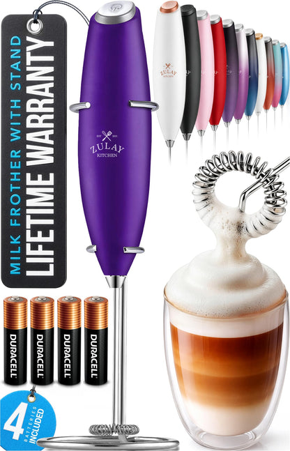 Zulay Kitchen Powerful Milk Frother Wand With 2 Duracell Batteries - Ultra Fast Handheld Drink Mixer - Electric Whisk Foam Maker for Coffee, Lattes, Cappuccino, Matcha, Hot Chocolate & Creamer - Black