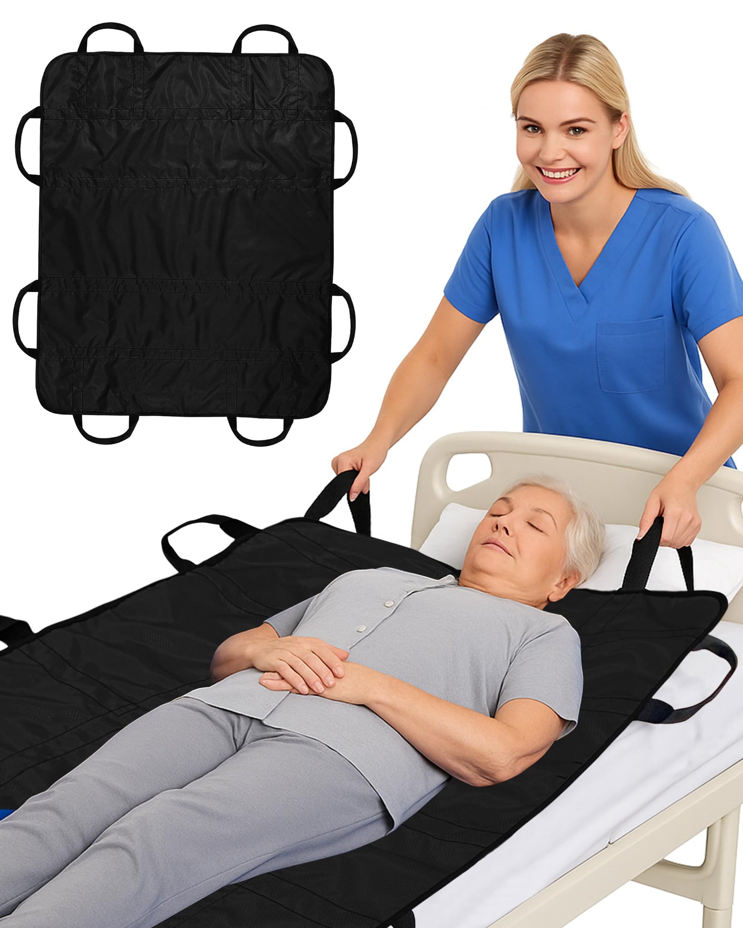 SPRING SEAON Patient Positioning Bed Pad with Handles – Transfer & Slide Sheet for Elderly Care, Waterproof Washable Draw Sheet for Hospital or Home Use, 46.5" x 38.5", 400 LBS Support,Black