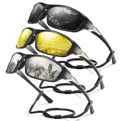 3 Pack Polarized Sports Sunglasses for Men, Mens Sunglasses Wrap Around UV400 Protection for Cycling Fishing Driving