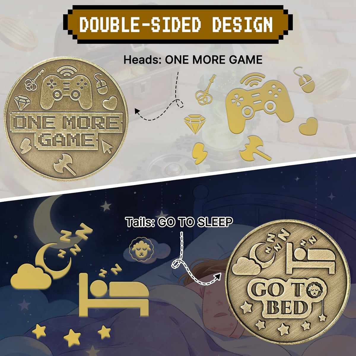 One More Game or Go to Sleep Gamer Decision Coin, Gifts for Gamer Boyfriend, Husband, Men, Gaming Accessories for Men, Game Gifts for Christmas, Valentine's Day, His Birthday
