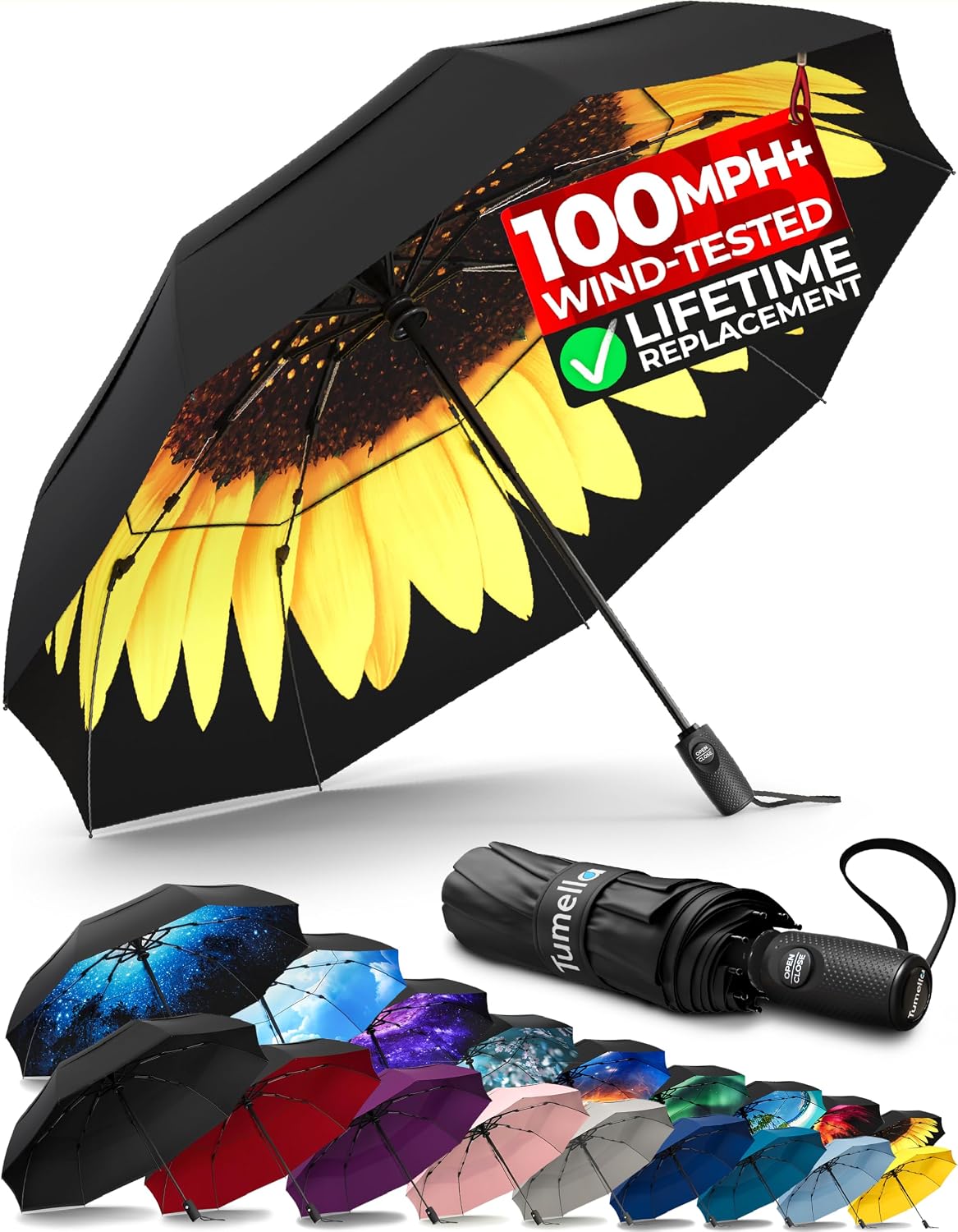 TUMELLA Strongest Windproof Travel Umbrella (Compact, 100MPH Wind-Tested), Light, Portable, One-Handed Use, Automatic Folding Rain Umbrella, Durable, Premium Grip, Fits Car & Backpack