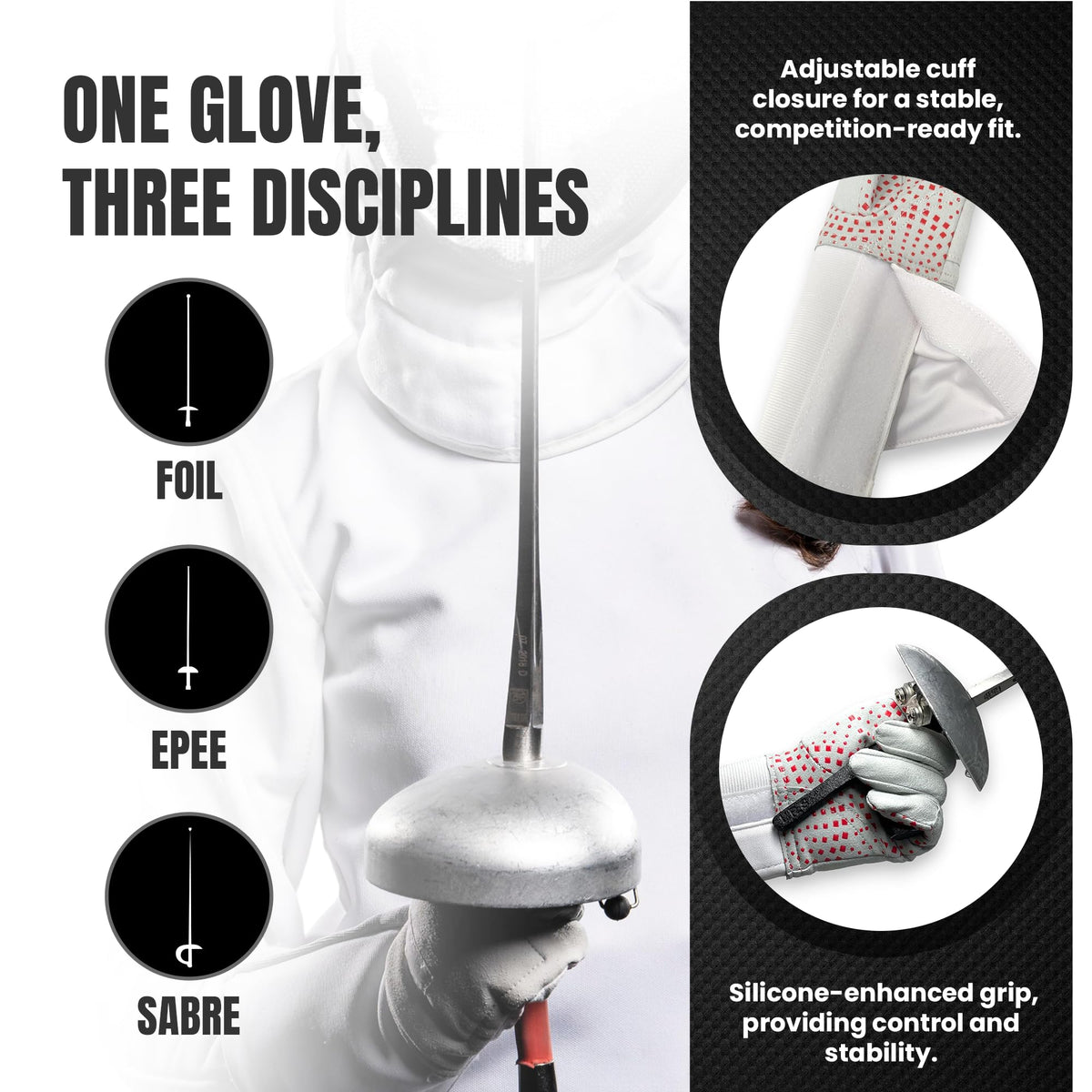 Fencing Glove, 3-Weapon Washable, Pro-Grip Silicone Design, Foil Epee and Saber, Competition Approved