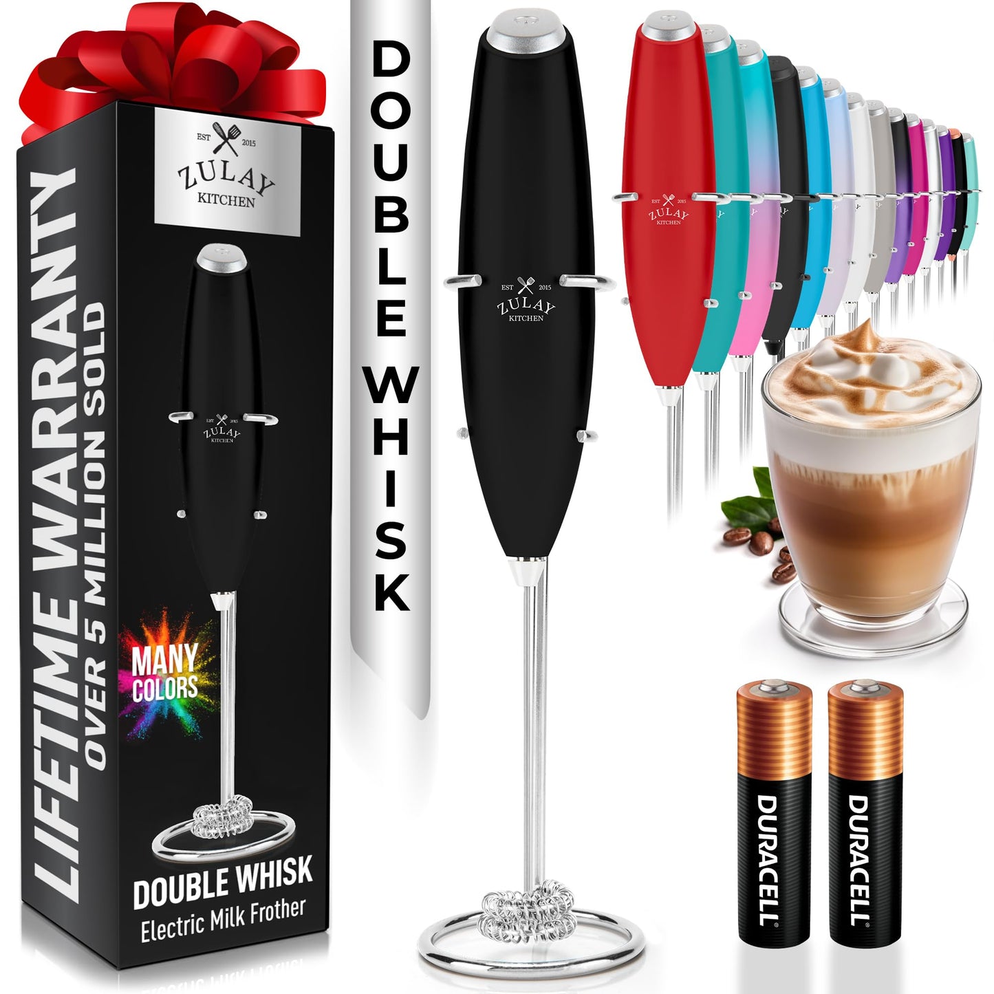 Zulay Kitchen Powerful Milk Frother Wand With 2 Duracell Batteries - Ultra Fast Handheld Drink Mixer - Electric Whisk Foam Maker for Coffee, Lattes, Cappuccino, Matcha, Hot Chocolate & Creamer - Black