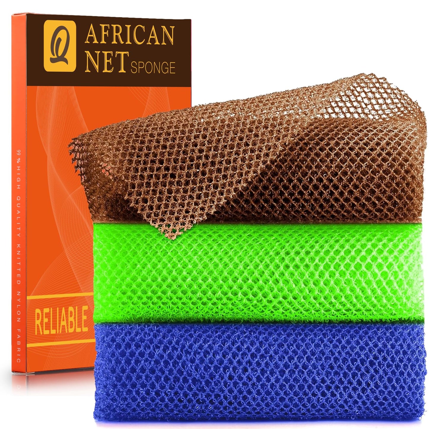 UJFQBH 3 Pieces African Bath Sponge African Net Long Net Bath Sponge Exfoliating Shower Body Scrubber Back Scrubber Skin Smoother,Great for Daily Use (Pink,Yellow,Purple)
