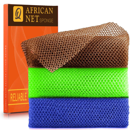 UJFQBH 3 Pieces African Bath Sponge African Net Long Net Bath Sponge Exfoliating Shower Body Scrubber Back Scrubber Skin Smoother,Great for Daily Use (Pink,Yellow,Purple)