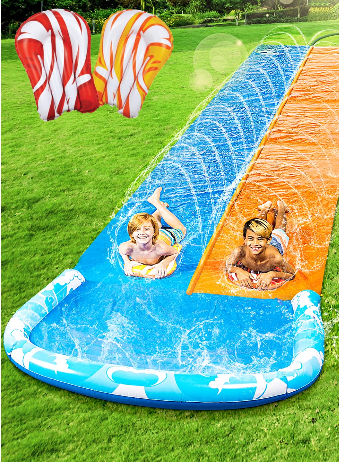 JOYIN 22.5ft Water Slides and 2 Bodyboards, Lawn Water Slide Summer Slip Waterslides Water Toy with Build in Sprinkler for Backyard Outdoor Water Fun for Kids