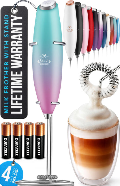Zulay Kitchen Powerful Milk Frother Wand With 2 Duracell Batteries - Ultra Fast Handheld Drink Mixer - Electric Whisk Foam Maker for Coffee, Lattes, Cappuccino, Matcha, Hot Chocolate & Creamer - Black