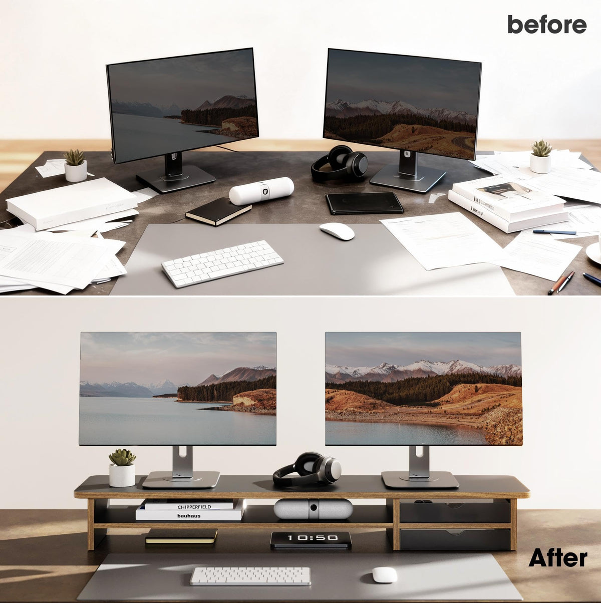 Fenge Monitor Stand, Desk Computer Riser with Frosted Storage Drawer, Oak