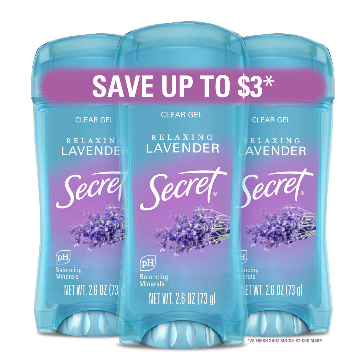 Secret Fresh Antiperspirant Deodorant for Women, 72hr Breathable Sweat & Odor Protection, Instant Freshness & Gentle, PH Balancing Minerals, Clear Gel, Relaxing Lavender Scent, 2.6 oz