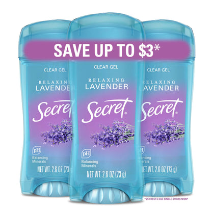 Secret Fresh Antiperspirant Deodorant for Women, 72hr Breathable Sweat & Odor Protection, Instant Freshness & Gentle, PH Balancing Minerals, Clear Gel, Relaxing Lavender Scent, 2.6 oz