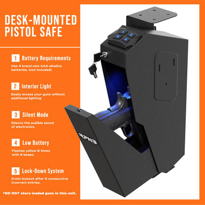 RPNB Mounted Gun Safe,California DOJ Certified Handgun Safe, Auto Open Lid Smart Pistol Safe with Biometric Fingerprint or Keypad Lock