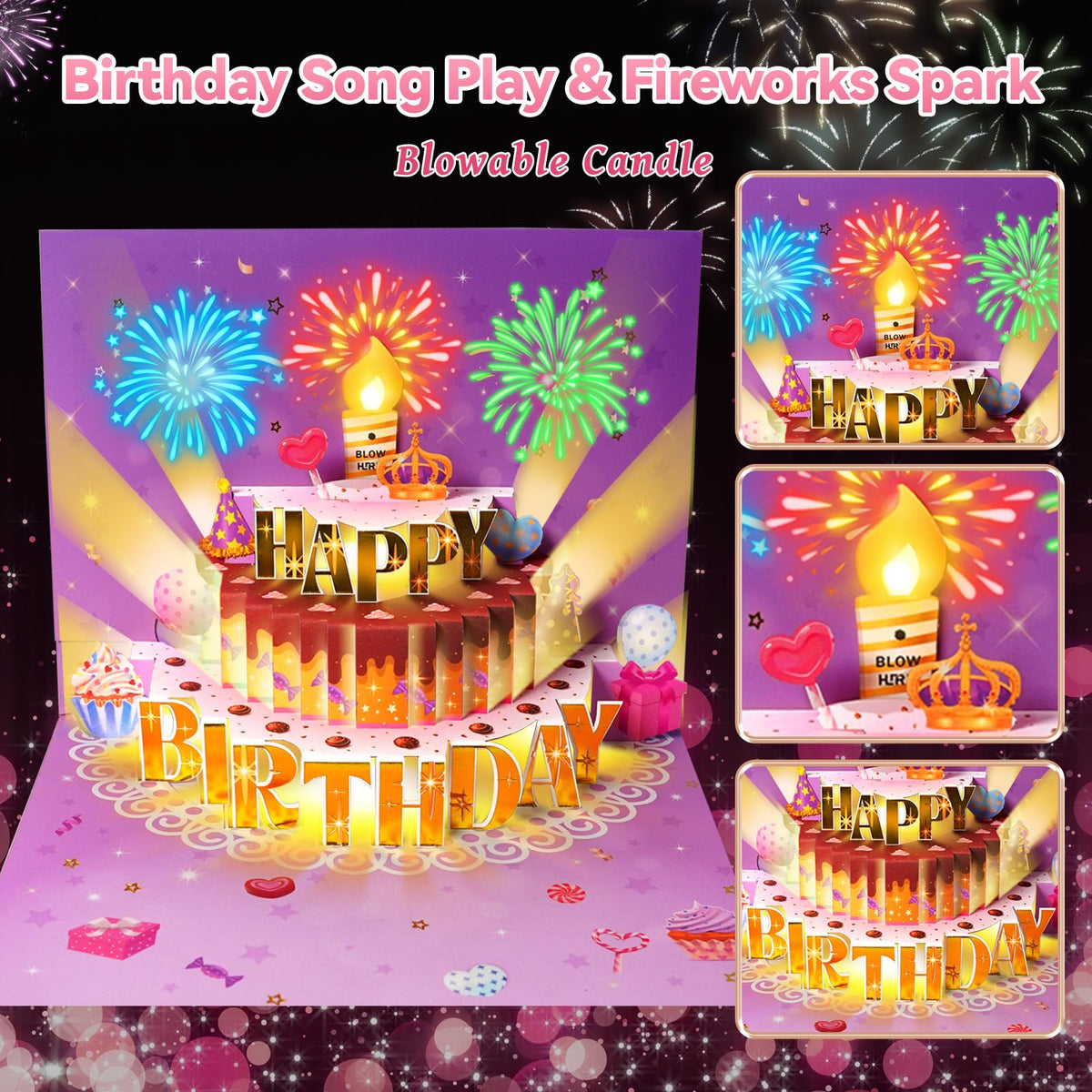 MZD8391 Pop Up Birthday Card with Music, Light, Firework For Men Women
