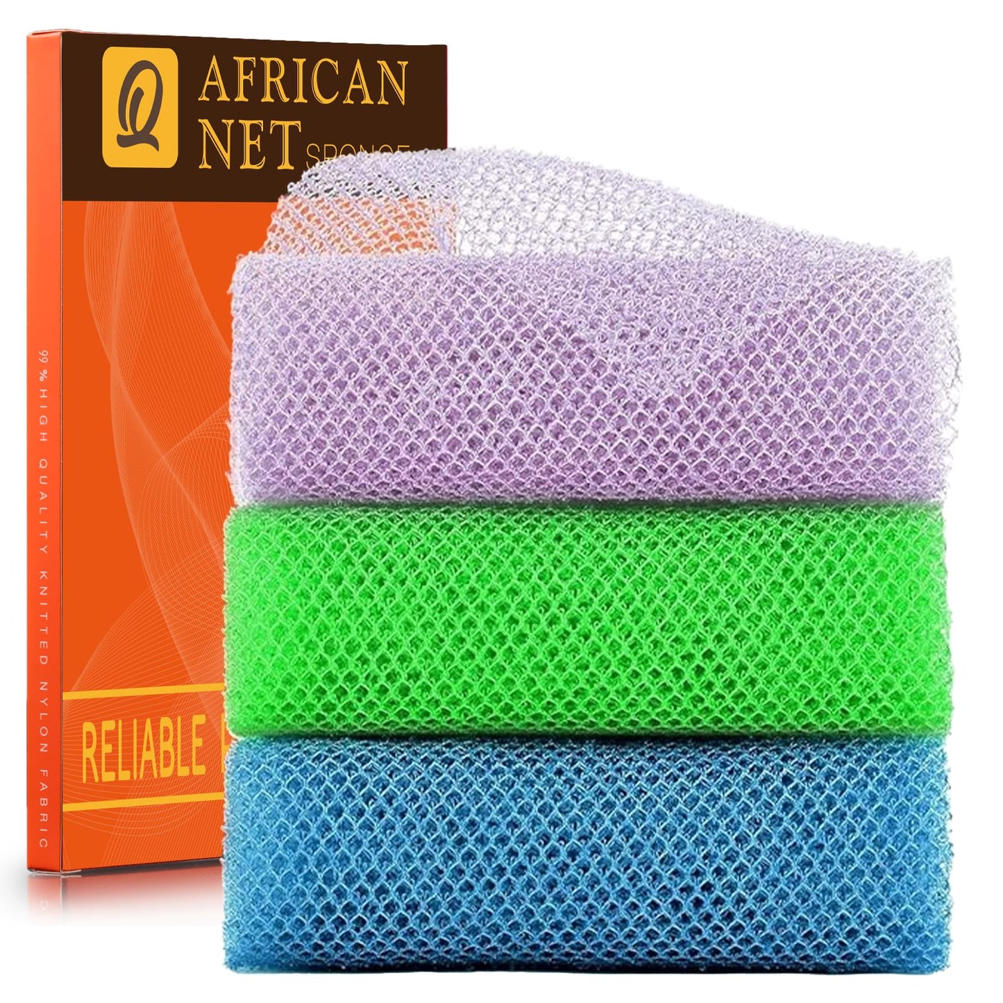 UJFQBH 3 Pieces African Bath Sponge African Net Long Net Bath Sponge Exfoliating Shower Body Scrubber Back Scrubber Skin Smoother,Great for Daily Use (Pink,Yellow,Purple)