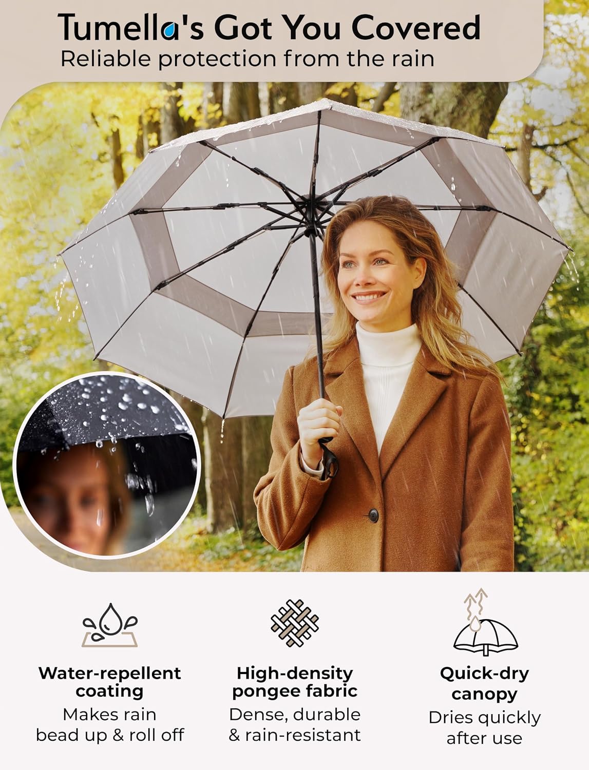 TUMELLA Strongest Windproof Travel Umbrella (Compact, 100MPH Wind-Tested), Light, Portable, One-Handed Use, Automatic Folding Rain Umbrella, Durable, Premium Grip, Fits Car & Backpack