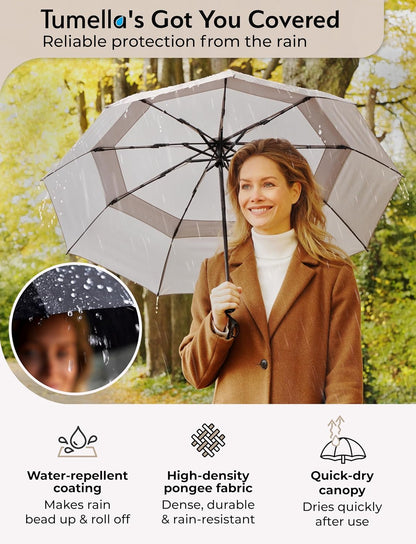 TUMELLA Strongest Windproof Travel Umbrella (Compact, 100MPH Wind-Tested), Light, Portable, One-Handed Use, Automatic Folding Rain Umbrella, Durable, Premium Grip, Fits Car & Backpack