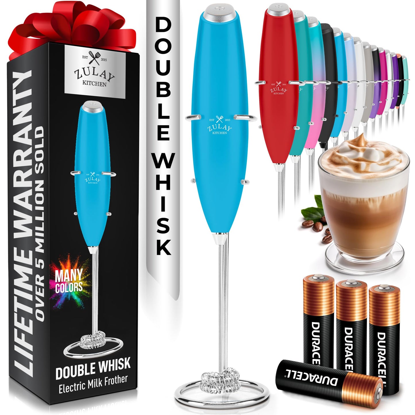 Zulay Kitchen Powerful Milk Frother Wand With 2 Duracell Batteries - Ultra Fast Handheld Drink Mixer - Electric Whisk Foam Maker for Coffee, Lattes, Cappuccino, Matcha, Hot Chocolate & Creamer - Black