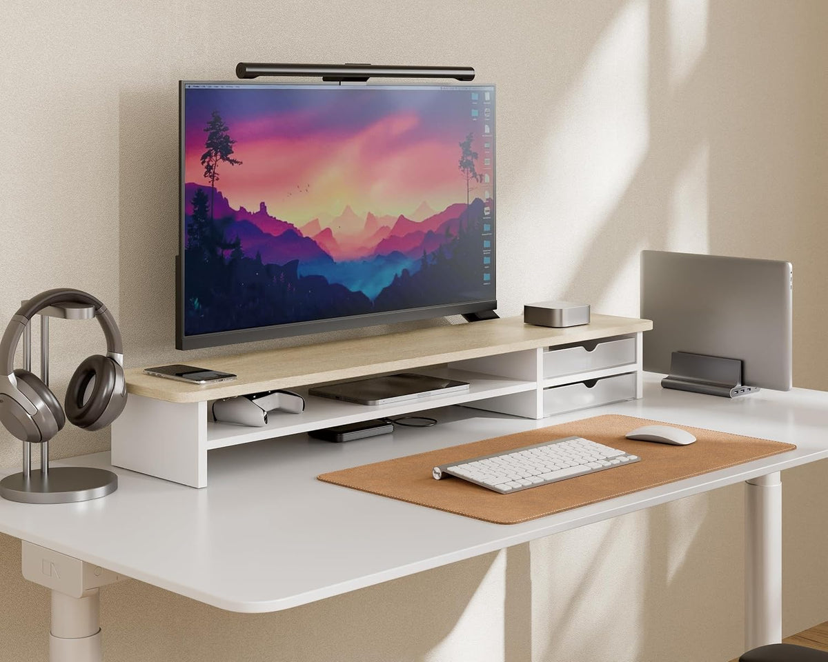 Fenge Monitor Stand, Desk Computer Riser with Frosted Storage Drawer, Oak