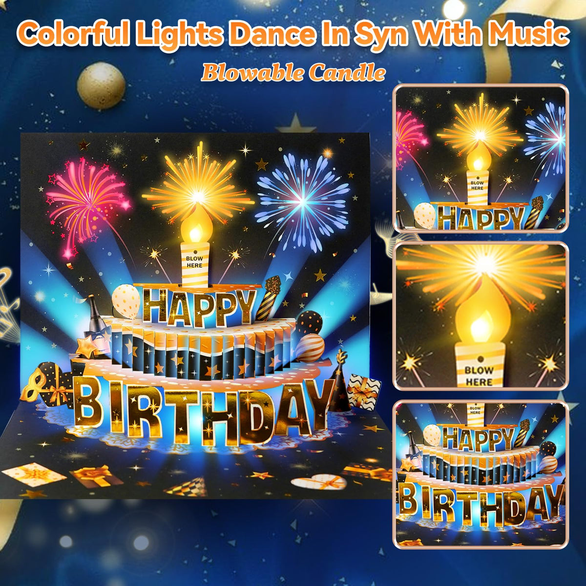 MZD8391 Pop Up Birthday Card with Music, Light, Firework For Men Women