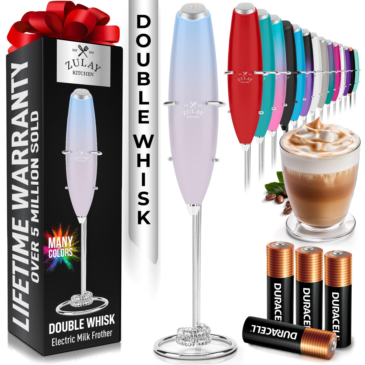 Zulay Kitchen Powerful Milk Frother Wand With 2 Duracell Batteries - Ultra Fast Handheld Drink Mixer - Electric Whisk Foam Maker for Coffee, Lattes, Cappuccino, Matcha, Hot Chocolate & Creamer - Black