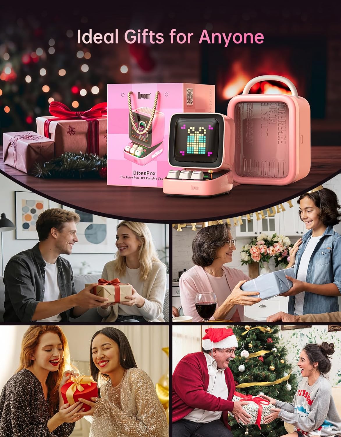 Divoom Ditoo Retro Pixel Art 15W Bluetooth Speaker,Cute Speaker with Alarm,White Noise & Mini Games,Iconic Desk Setup Speaker with 16X16 LED App Controlled Front Screen,Gifts for Anyone (Pink)