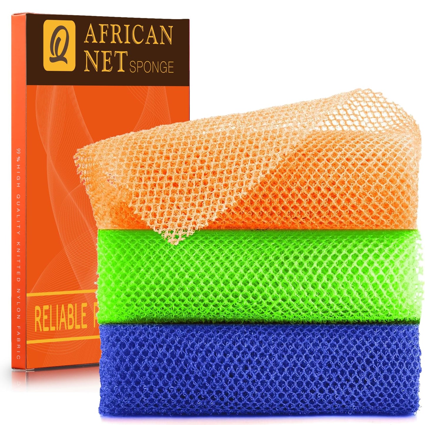 UJFQBH 3 Pieces African Bath Sponge African Net Long Net Bath Sponge Exfoliating Shower Body Scrubber Back Scrubber Skin Smoother,Great for Daily Use (Pink,Yellow,Purple)