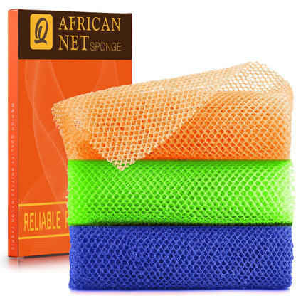 UJFQBH 3 Pieces African Bath Sponge African Net Long Net Bath Sponge Exfoliating Shower Body Scrubber Back Scrubber Skin Smoother,Great for Daily Use (Pink,Yellow,Purple)
