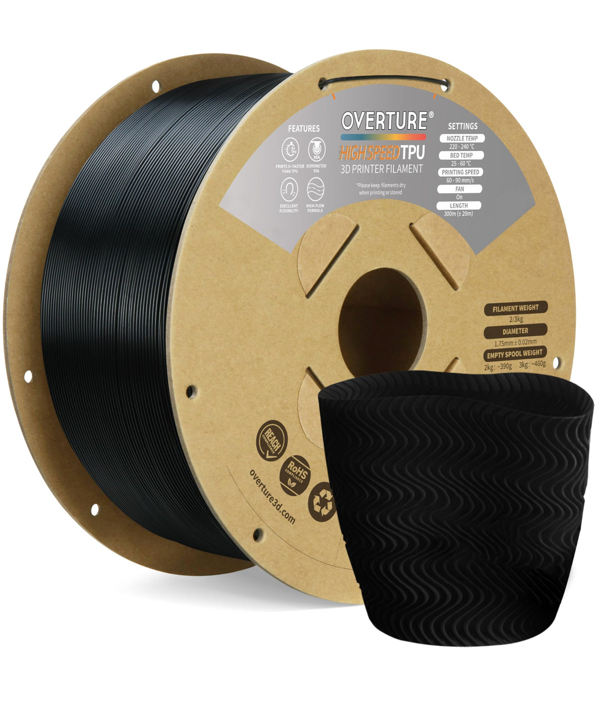 OVERTURE TPU 95A Flexible 3D Printer Filament 1.75mm, 1kg Black