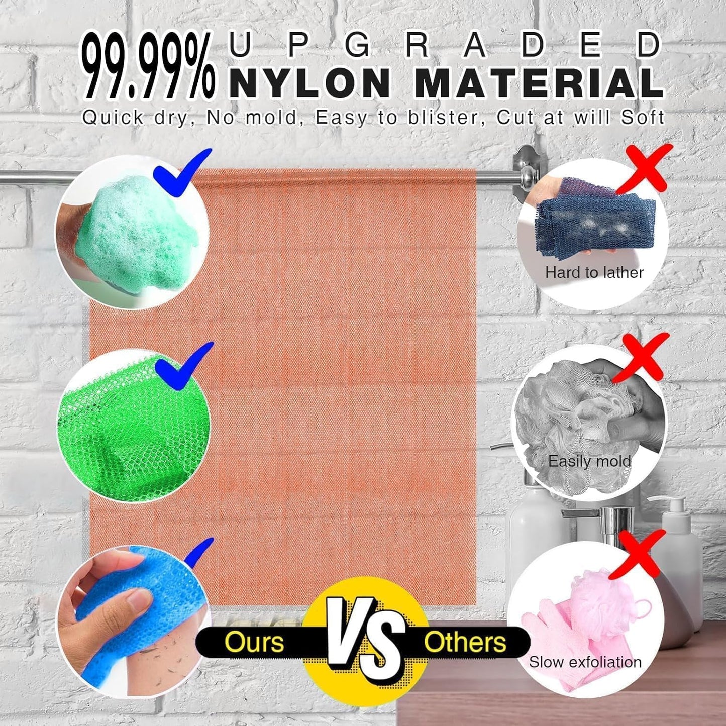 UJFQBH 3 Pieces African Bath Sponge African Net Long Net Bath Sponge Exfoliating Shower Body Scrubber Back Scrubber Skin Smoother,Great for Daily Use (Pink,Yellow,Purple)