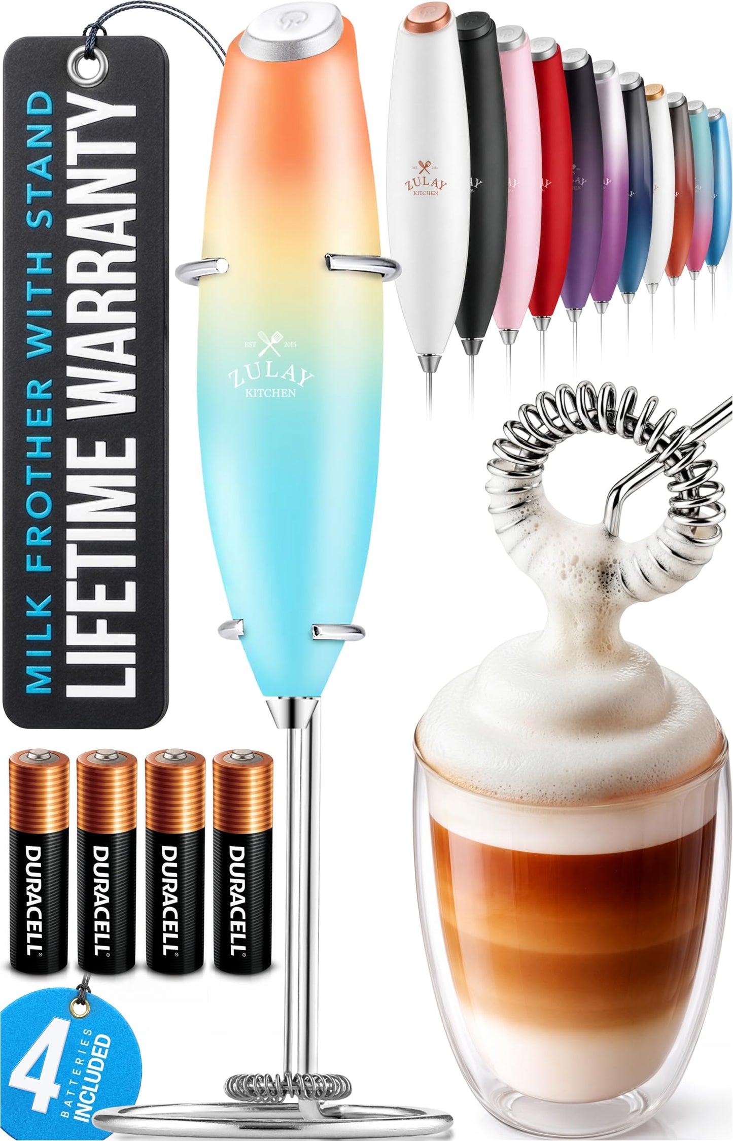 Zulay Kitchen Powerful Milk Frother Wand With 2 Duracell Batteries - Ultra Fast Handheld Drink Mixer - Electric Whisk Foam Maker for Coffee, Lattes, Cappuccino, Matcha, Hot Chocolate & Creamer - Black