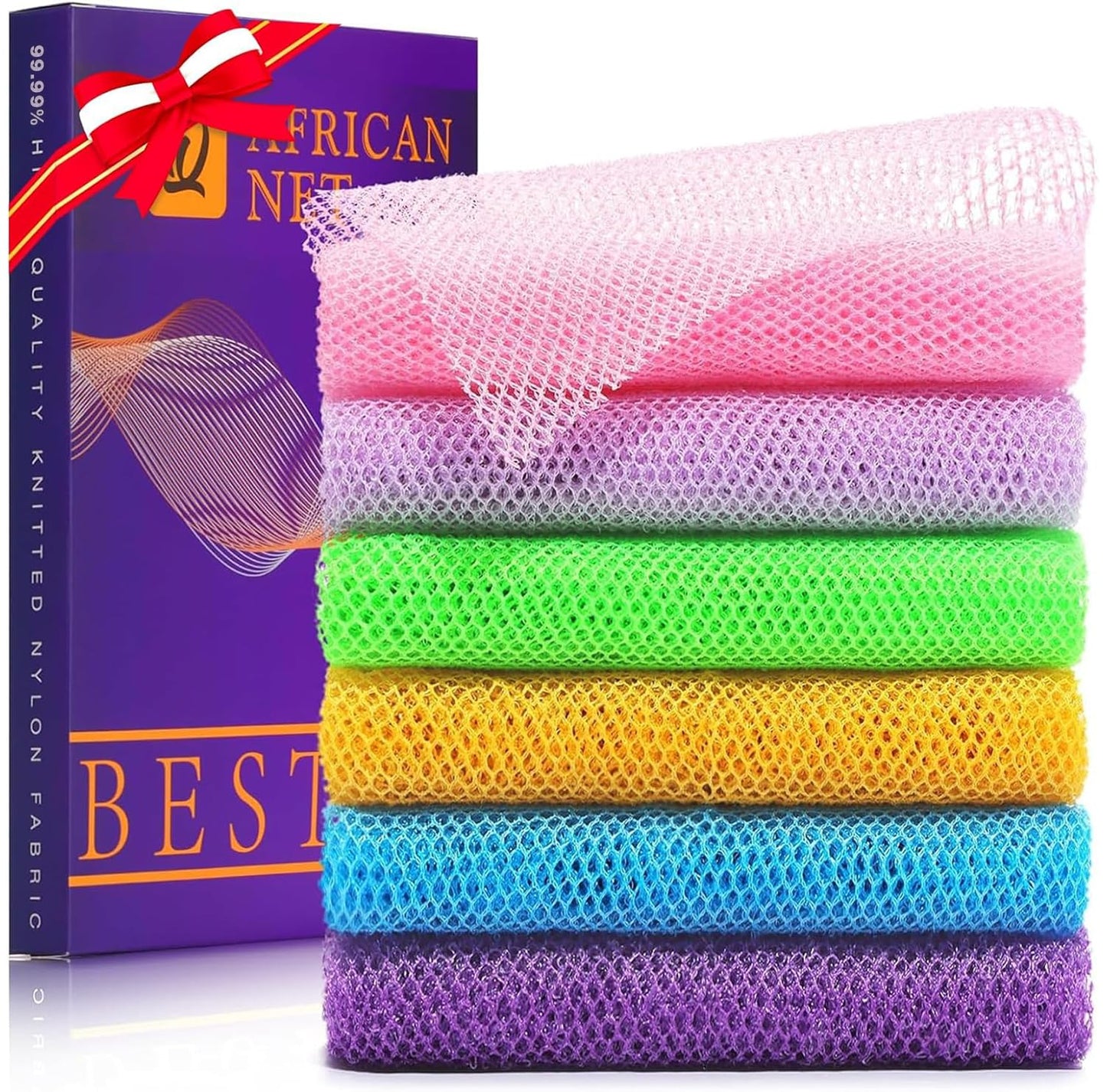 UJFQBH 3 Pieces African Bath Sponge African Net Long Net Bath Sponge Exfoliating Shower Body Scrubber Back Scrubber Skin Smoother,Great for Daily Use (Pink,Yellow,Purple)