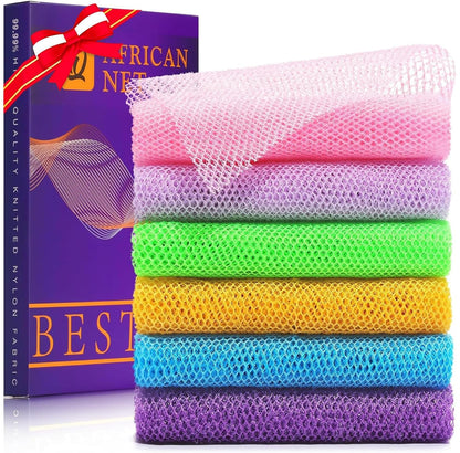 UJFQBH 3 Pieces African Bath Sponge African Net Long Net Bath Sponge Exfoliating Shower Body Scrubber Back Scrubber Skin Smoother,Great for Daily Use (Pink,Yellow,Purple)