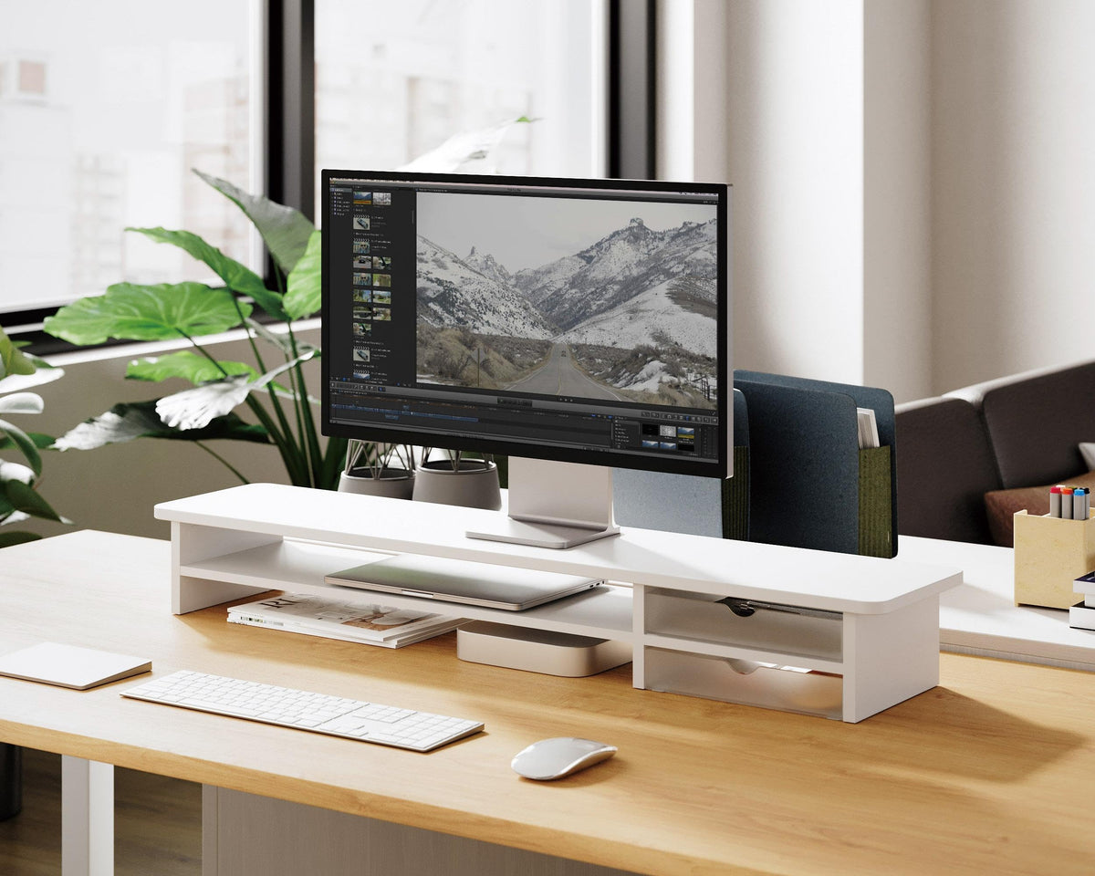 Fenge Monitor Stand, Desk Computer Riser with Frosted Storage Drawer, Oak