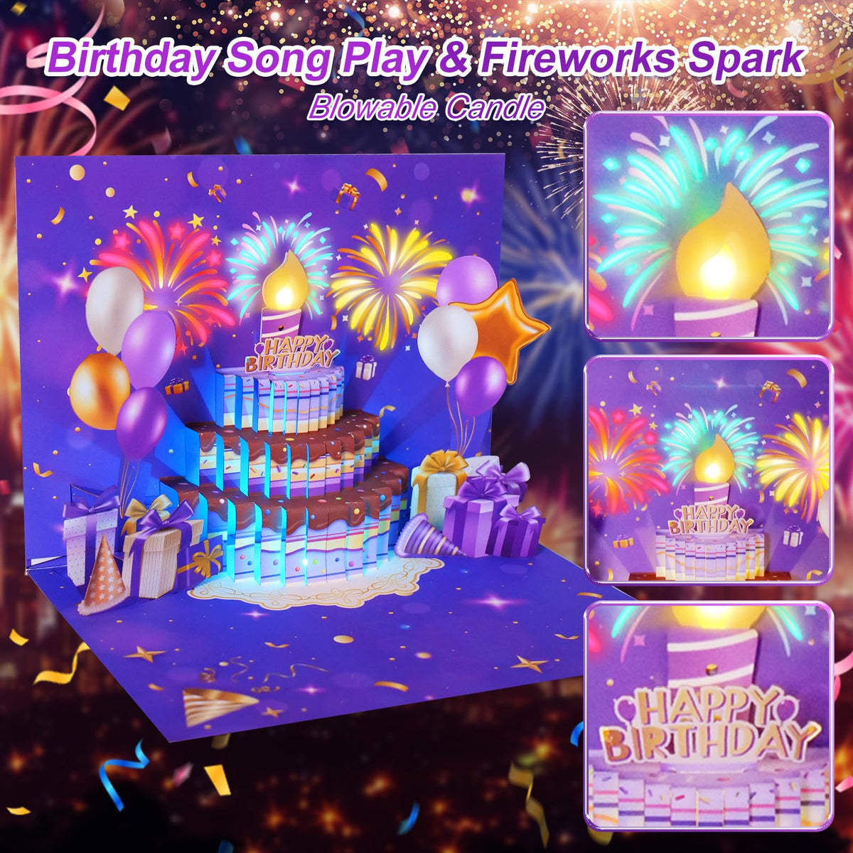 MZD8391 Pop Up Birthday Card with Music, Light, Firework For Men Women