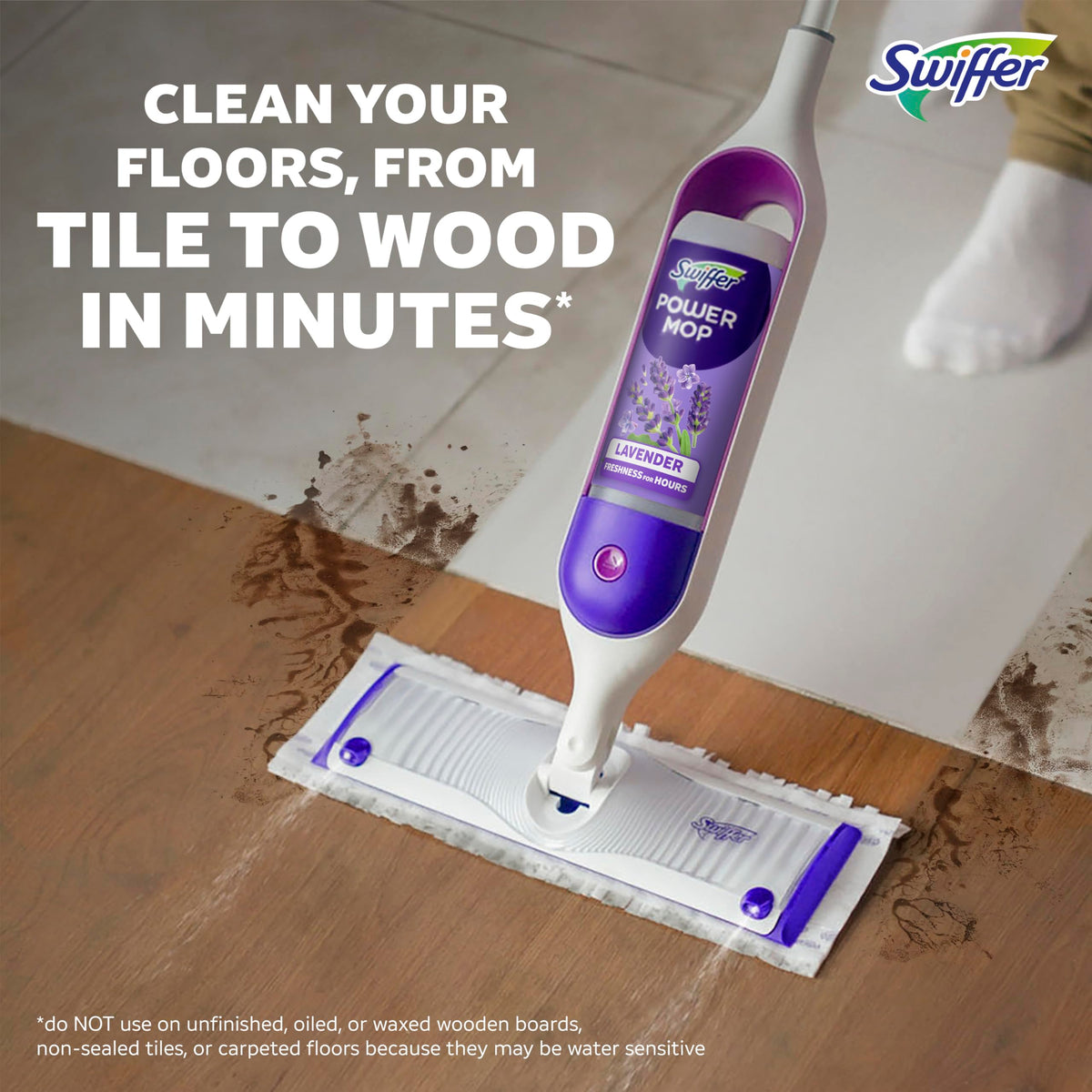 Swiffer Power Mop Refill Solution, Floor Cleaner for Mopping Tile, Vinyl, Laminate, Wood in Home, Bathroom, Kitchen, All Purpose Multi-Surface Solution for Floor Cleaning, Lavender Scent, 50.6oz
