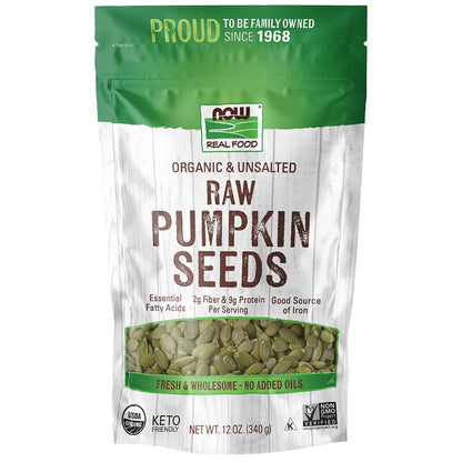 NOW Foods, Organic Pumpkin Seeds, Raw and Unsalted, Excellent Source of Protein and Iron, Certified Non-GMO, Keto-Friendly Snack, 12-Ounce (Packaging May Vary)