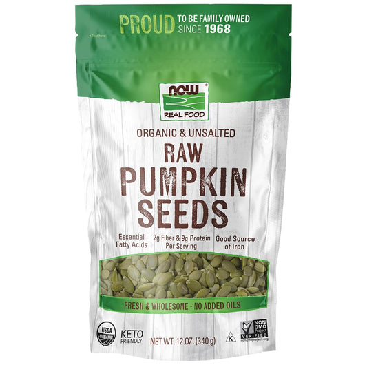 NOW Foods, Organic Pumpkin Seeds, Raw and Unsalted, Excellent Source of Protein and Iron, Certified Non-GMO, Keto-Friendly Snack, 12-Ounce (Packaging May Vary)