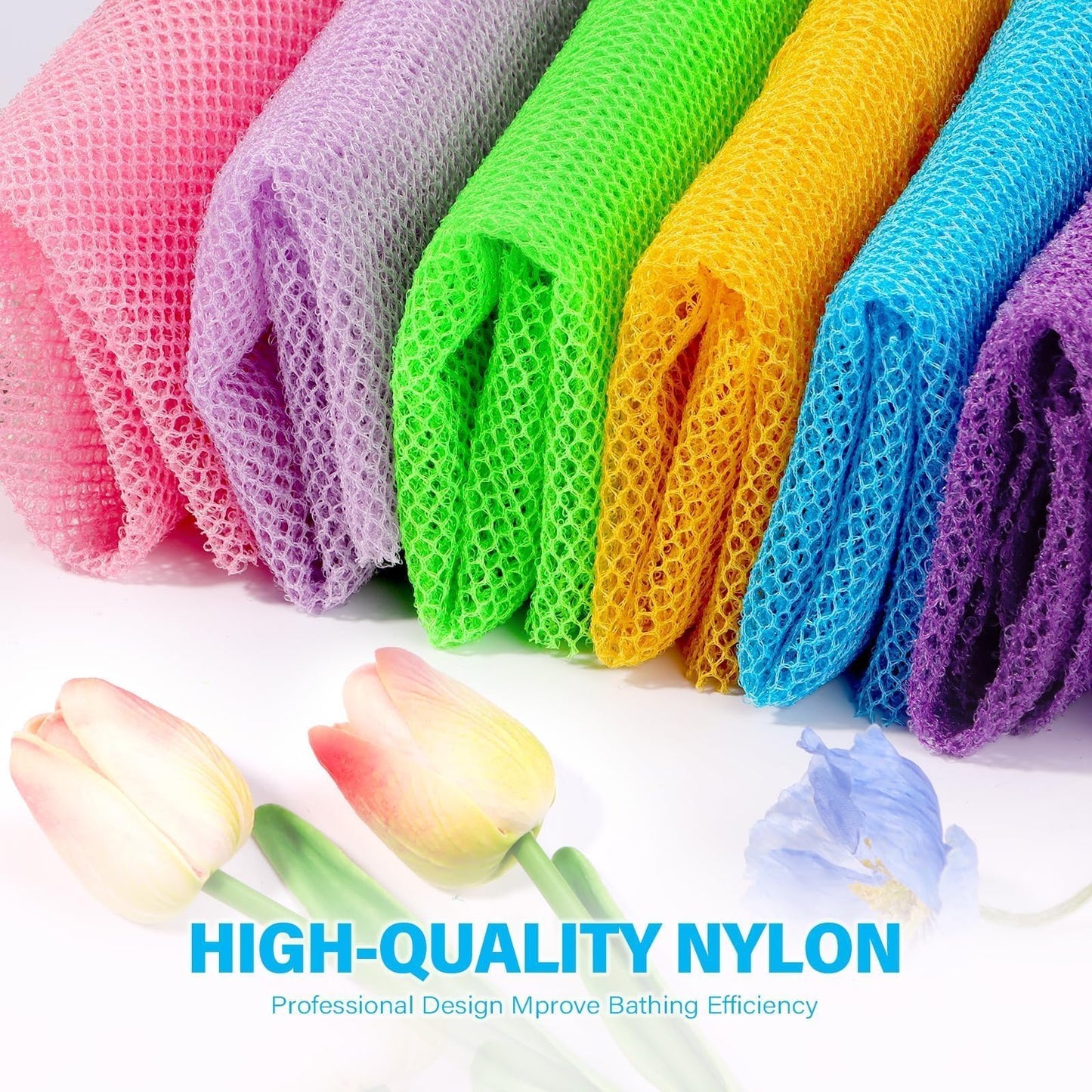 UJFQBH 3 Pieces African Bath Sponge African Net Long Net Bath Sponge Exfoliating Shower Body Scrubber Back Scrubber Skin Smoother,Great for Daily Use (Pink,Yellow,Purple)