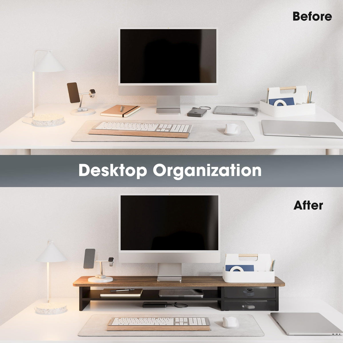 Fenge Monitor Stand, Desk Computer Riser with Frosted Storage Drawer, Oak