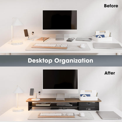 Fenge Monitor Stand, Desk Computer Riser with Frosted Storage Drawer, Oak