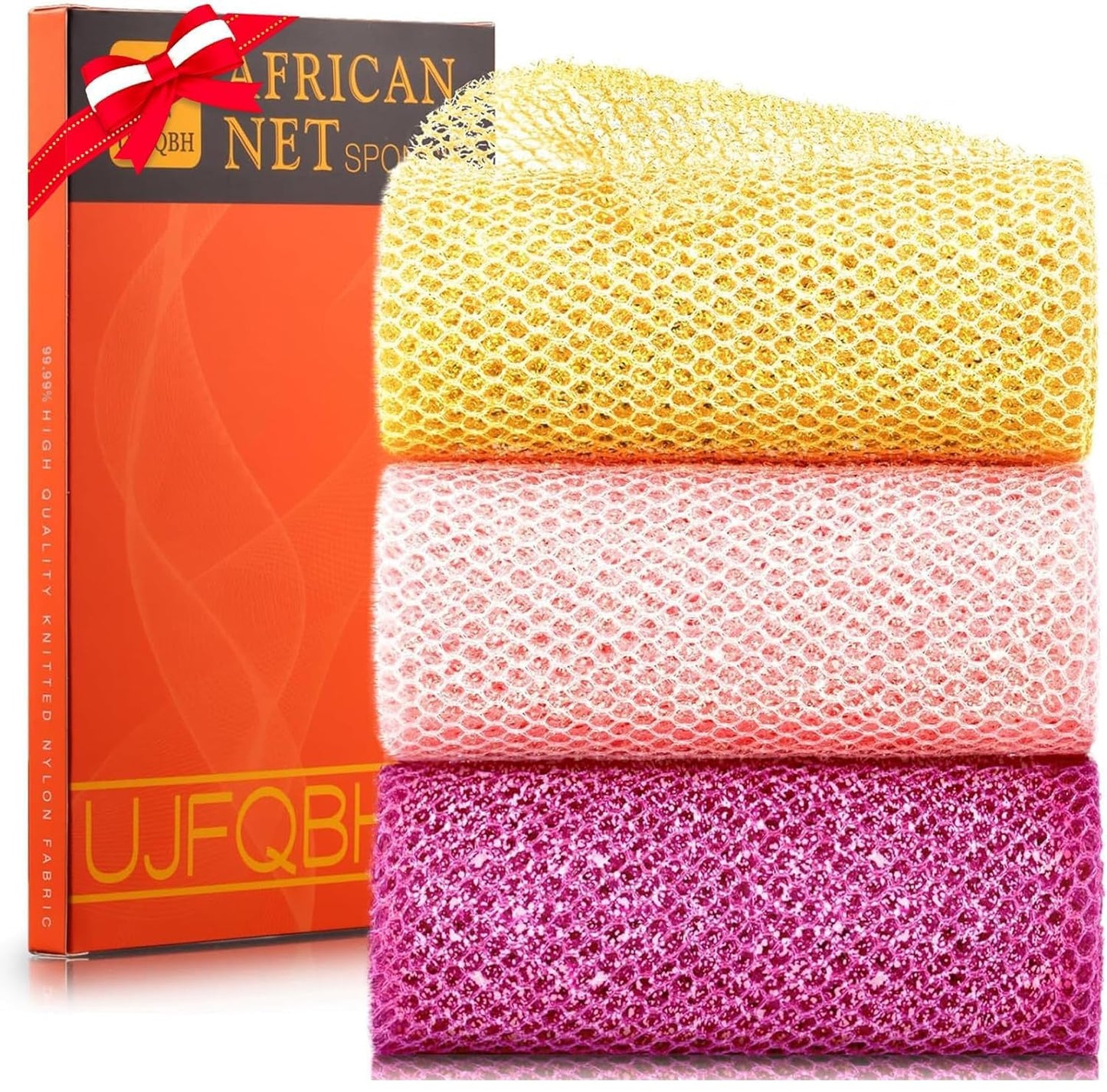 UJFQBH 3 Pieces African Bath Sponge African Net Long Net Bath Sponge Exfoliating Shower Body Scrubber Back Scrubber Skin Smoother,Great for Daily Use (Pink,Yellow,Purple)