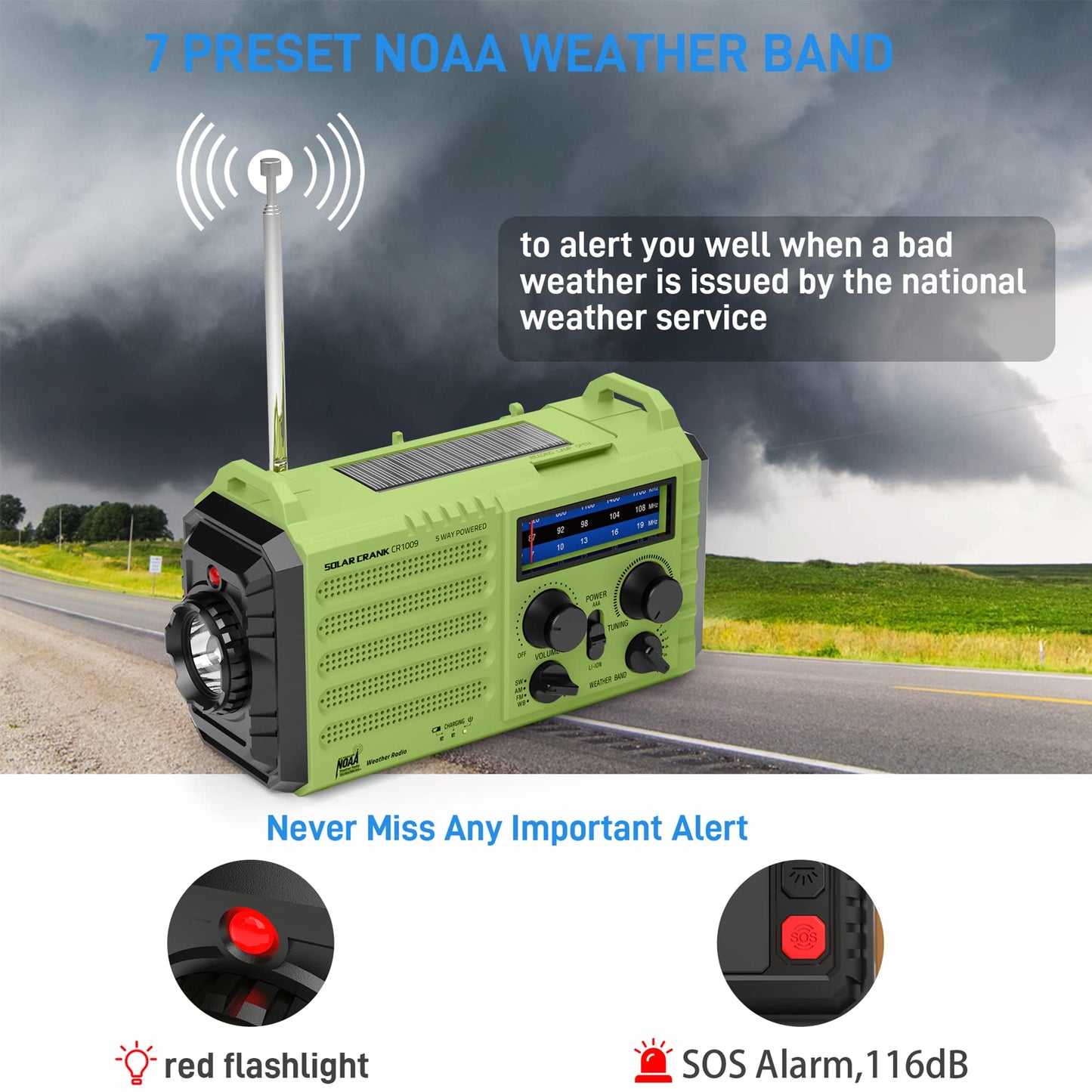 Auto NOAA Emergency Weather Radio, Solar Hand Crank Radio,Portable Battery Operated Emergency Radio with AM FM Shortwave,USB Charger,LED Flashlight,Clock, SOS Alert for Home Outdoors Camping Survival