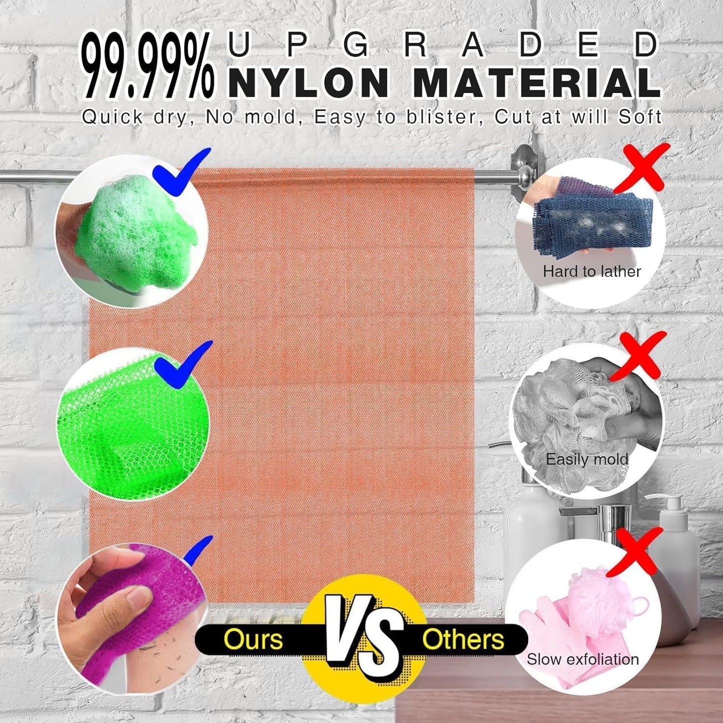 UJFQBH 3 Pieces African Bath Sponge African Net Long Net Bath Sponge Exfoliating Shower Body Scrubber Back Scrubber Skin Smoother,Great for Daily Use (Pink,Yellow,Purple)