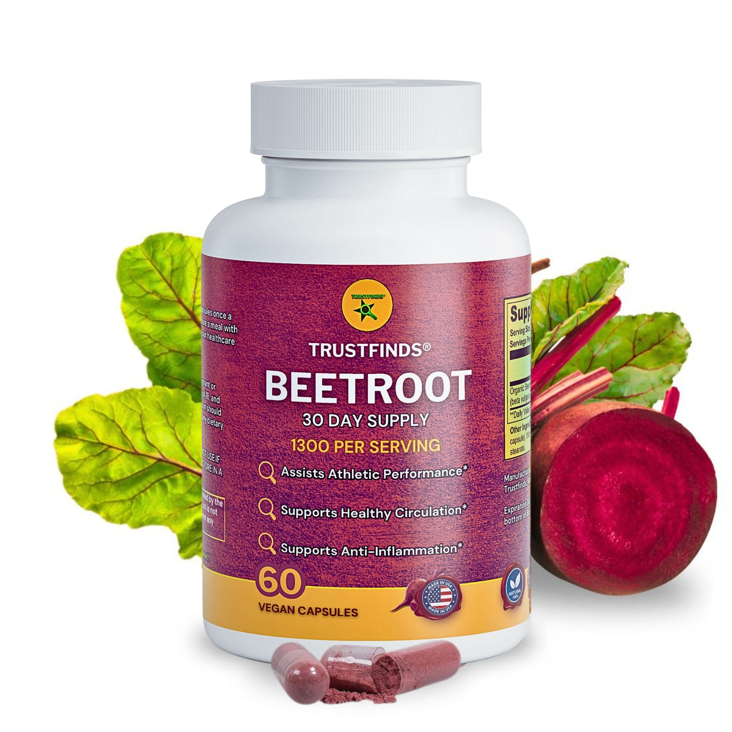 Trustfinds Organic Beet Root Powder Capsules - Supports Blood Pressure, Increase Stamina, Digestive, Immune System (Pure, Non-GMO & Gluten Free)