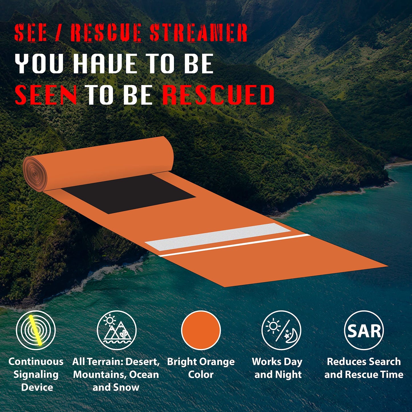 Streamer Survival Tool - The Easy to Use, Portable Rescue Device to Use on Land, Sea, or Snow, Day or Night When Lost or Stranded to Provide Continuous Visibility, Personal Lighted Streamer