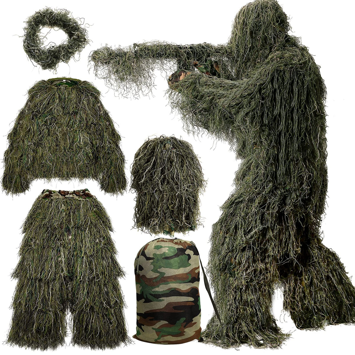 MOPHOTO 5 in 1 Ghillie Suit 3D Camouflage Hunting Suits - Jacket, Pants, Hood, Carry Bag for Adults & Youth, M/L/XL/XXL