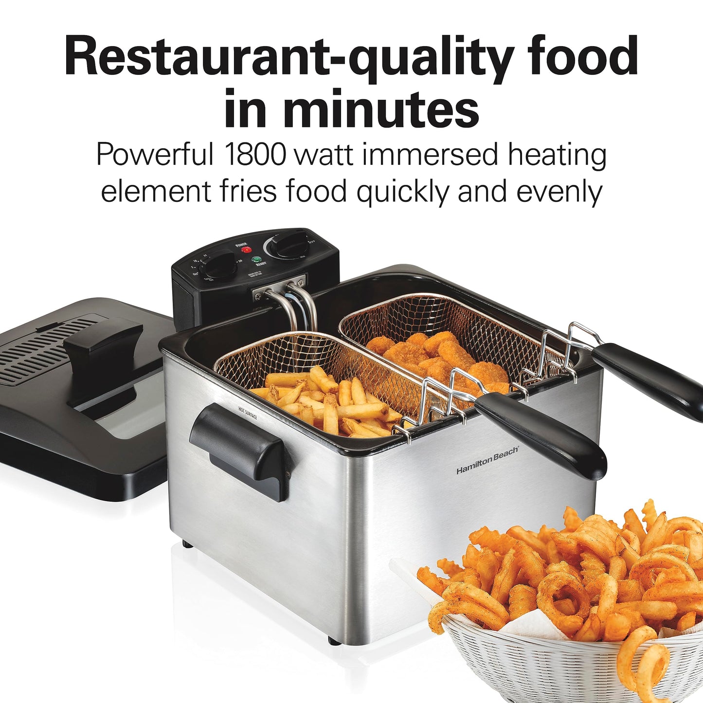 Hamilton Beach Electric Deep Fryer with Lid 4.5 Liters / 19 Cups Oil Capacity, Temperature Control, View Window, Professional Style, 1800 Watts, Three Frying Baskets, Stainless Steel