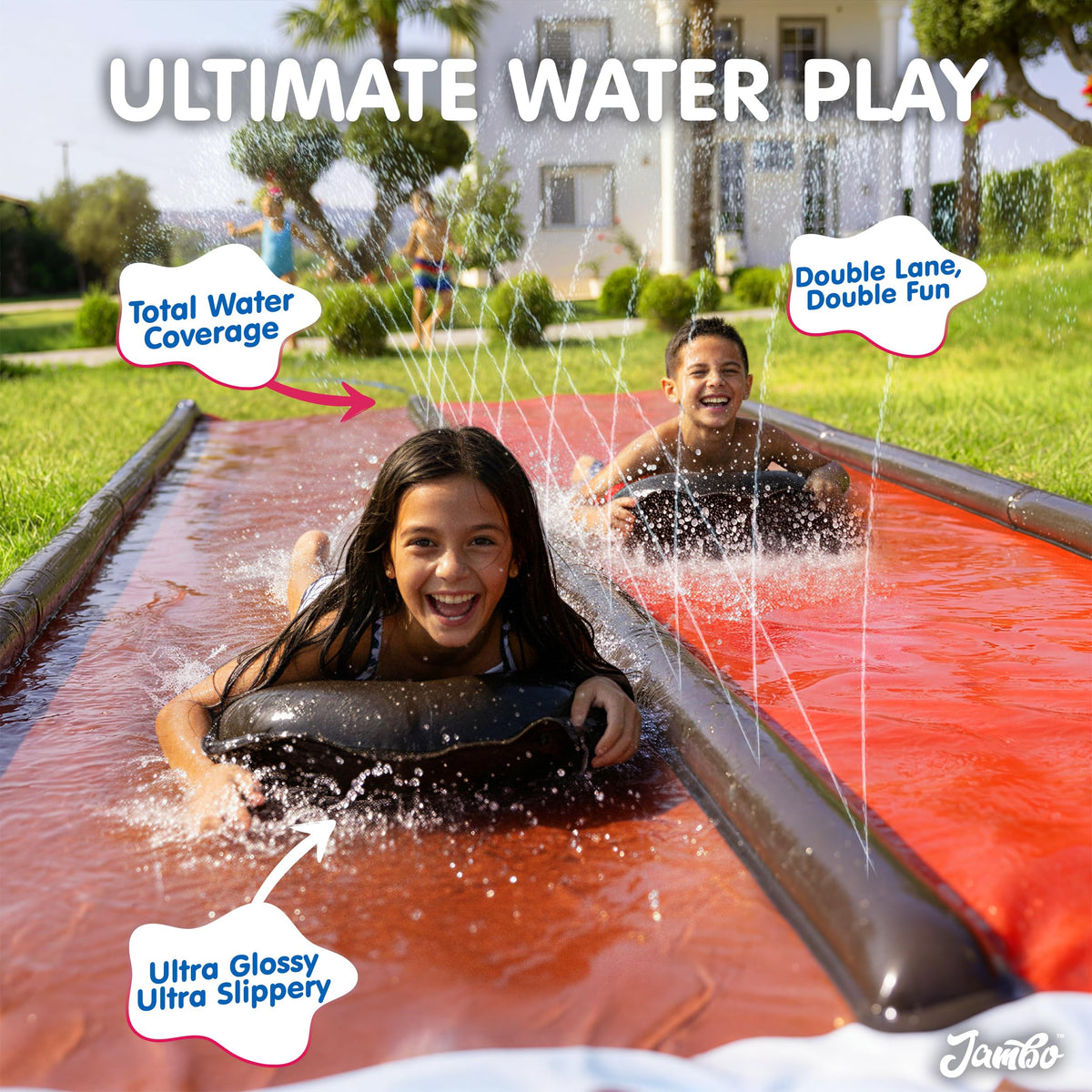 JAMBO Premium Triple Water Slide with 3 Bodyboards, 20Ft Heavy Duty Slip Splash and Slides-Advanced 3-Way Sprinkler System, Splash Pad Mat Backyard Summer Outdoor Water Toys n Long Slides for Kids
