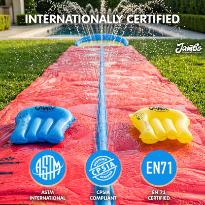 JAMBO Premium Triple Water Slide with 3 Bodyboards, 20Ft Heavy Duty Slip Splash and Slides-Advanced 3-Way Sprinkler System, Splash Pad Mat Backyard Summer Outdoor Water Toys n Long Slides for Kids