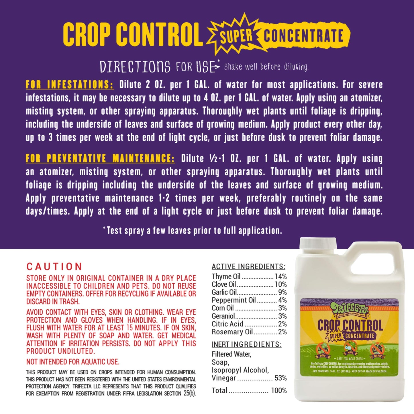 Trifecta Crop Control Ready to Use Maximum Strength Natural Pesticide, Fungicide, Miticide, Insecticide, Help Defeat Spider Mites, Powdery Mildew, Botrytis and Mold on Plants 32 OZ Size